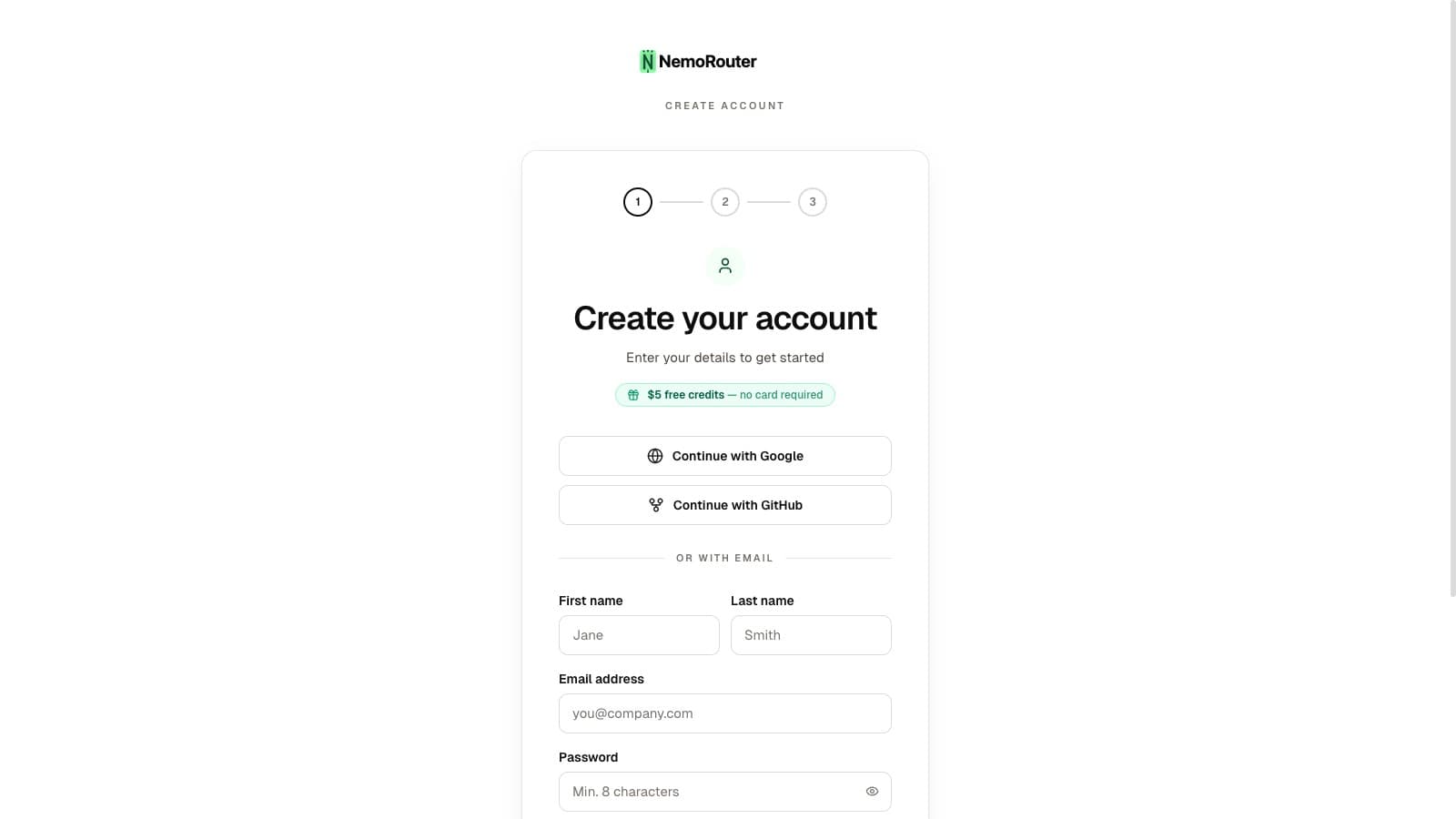 Sign-up page — create your NemoRouter account in 30 seconds
