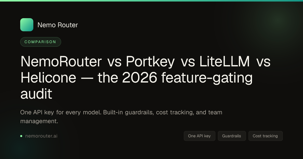 NemoRouter vs Portkey vs LiteLLM vs Helicone — the 2026 feature-gating audit